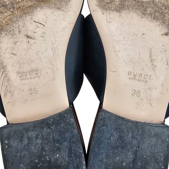 Gucci GG Logo Blondie Thong Sandal Flat Slide Black Leather Gold Size 36 US 6 - Picture 9 of 10